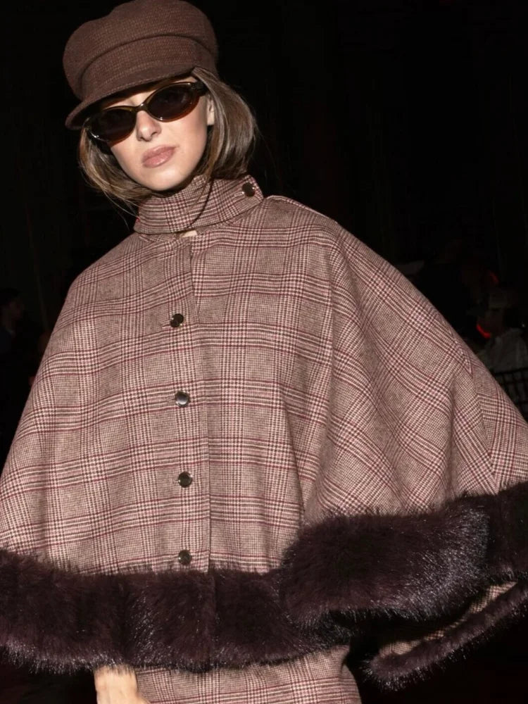 Elegant Plaid Cape Skirt 2 Piece Set Women Chic High Waist Single Breasted Faux Fur Hem Shawl Coat Suit Fall Winter Party Outfit
