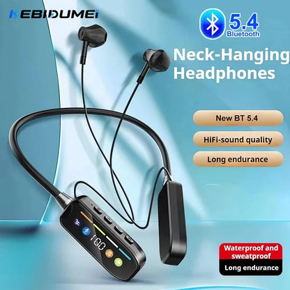KEBIDUMEI Bluetooth 5.4 Headphones with Screen Neckband Earphones Wireless Headsets HiFi Stereo Sports Earbuds Support TF Card