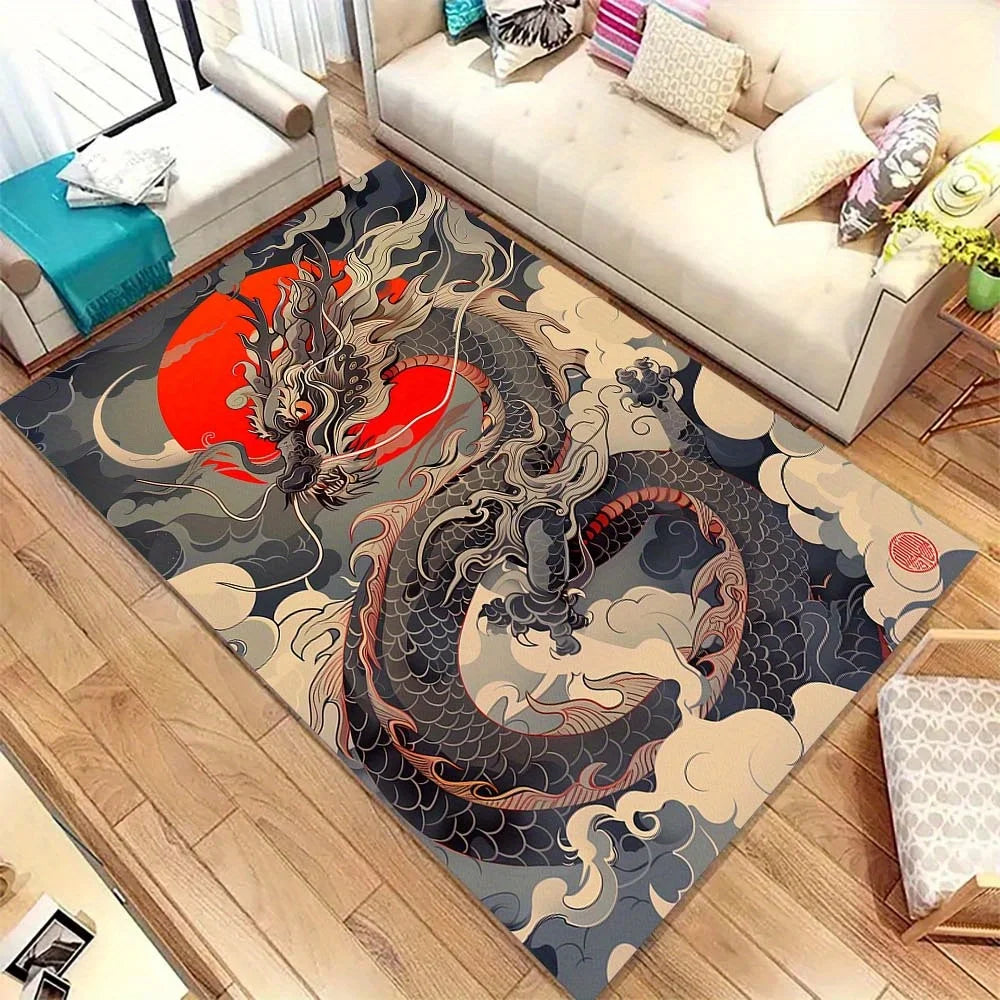 Japanese Ukiyo-e Dragon Print Flannel Area Rug, Non-slip Soft Floor Mat for Living Room Bedroom Home Decor