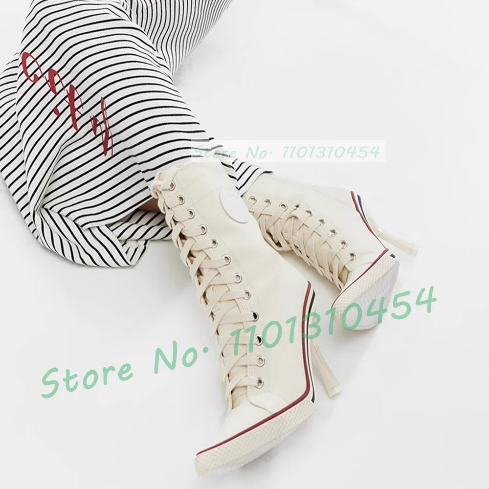 White High Heel Canvas Ankle Boots Women Front Cross-tied Pointy Toe Shoes Side Zipper Sexy Girls Sporty Casual High Top Booties