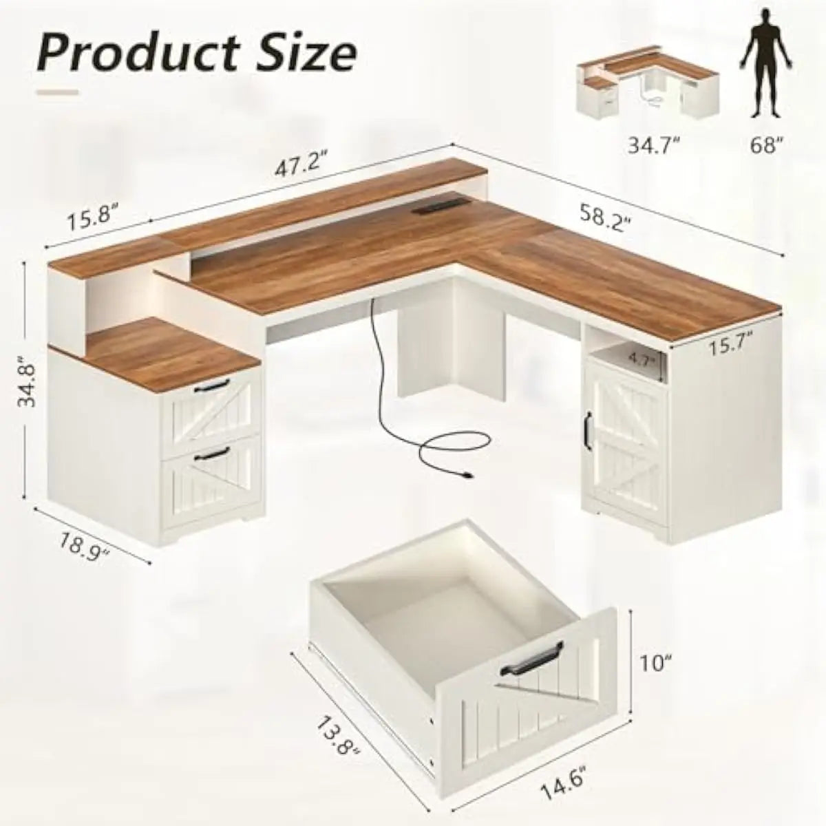 L Shaped Executive Desk 63 Inch Wide with Printer Shelf Open Compartment Adjustable Cabinet USB Charging Station Ergonomic Monit