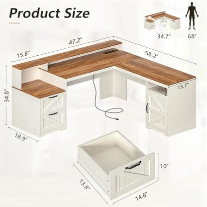 L Shaped Executive Desk 63 Inch Wide with Printer Shelf Open Compartment Adjustable Cabinet USB Charging Station Ergonomic Monit