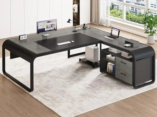 61" Executive L Shaped Desk with Drawer for Home Office,Rustic Brown | Executive Desk with Storage Shelves,Office Desk