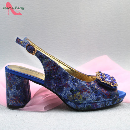 2024 Mature Style High Quality Comfortable Heels Italian Women Shoes and Bag Set with Shinning Crystal in Yellow Color