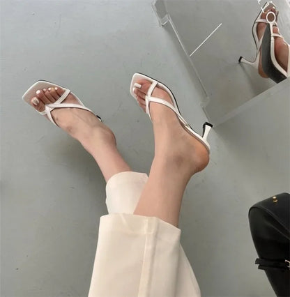 Thin Pumps Peach Shoes 2025 Slippers Runway Toe Loop Sandals Celebrity Slides Women Candy High Heels Club Ring Flip Flop