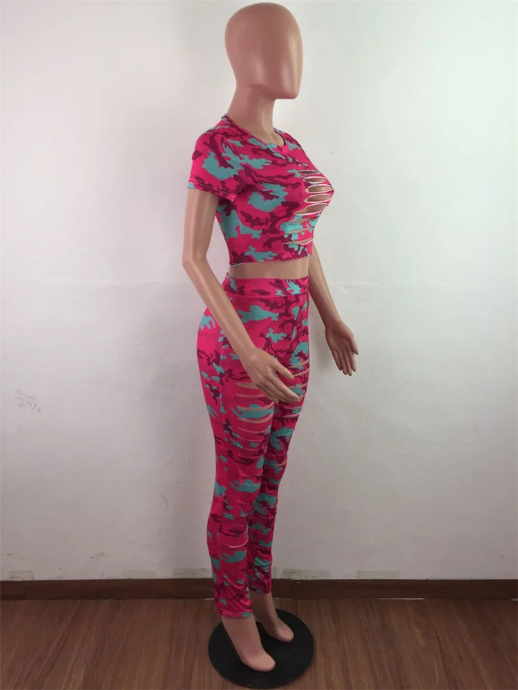 Wmstar Women Two Piece Set Summer Sexy Sport Fashion Casual Ripped Sweatshirt Sweat Camouflage Print Pant Sets Outfit Tracksuit