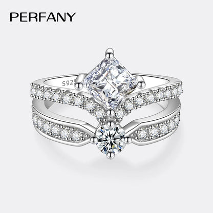 PERFANY 1.3CT Moissanite Ring for Women S925 Pure Silver Crown Double Layer Design Laboratory Diamond Wedding Luxury Jewelry