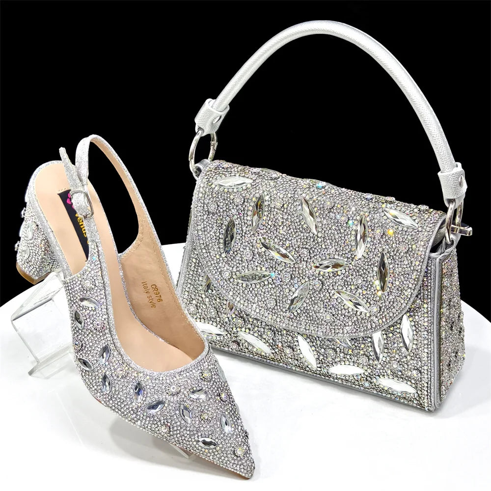 Elegant Women's Nigerian Fashion Pointed-Toe Party Shoe and Bag Set Rhinestone Luxurious Rhinestone Pumps for Special Occasions