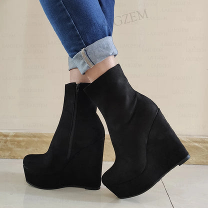 LAIGZEM Women Ankle Boots Faux Suede Platform Wedges Side Zip Short Booties Ladies Height Increase Shoes Woman Big Size 44 46 52