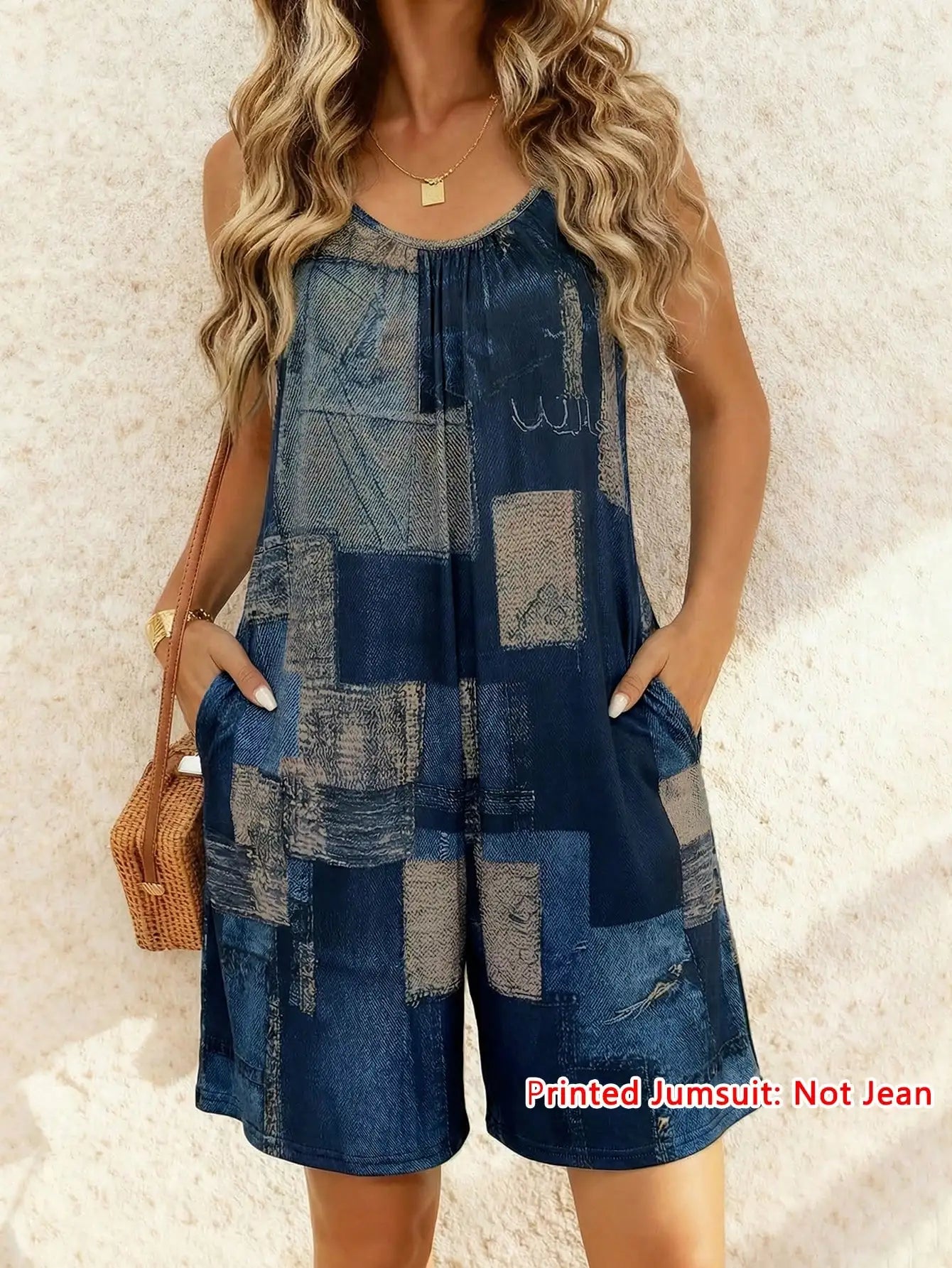 Women's Faux Denim Print Spaghetti Strap Romper Summer Casual Sleeveless V Neck Loose Short Jumpsuit With Pocket