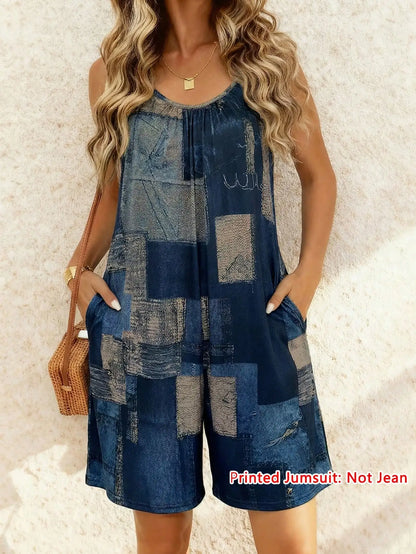 Women's Faux Denim Print Spaghetti Strap Romper Summer Casual Sleeveless V Neck Loose Short Jumpsuit With Pocket