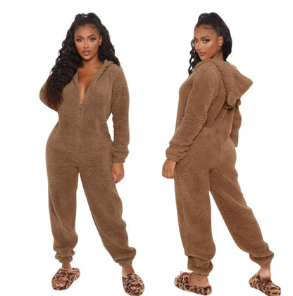Jumpsuits women 2026 rompers autumn winter fleece thickened woolen jumpsuits hooded pajamas jumpsuits women's clothing