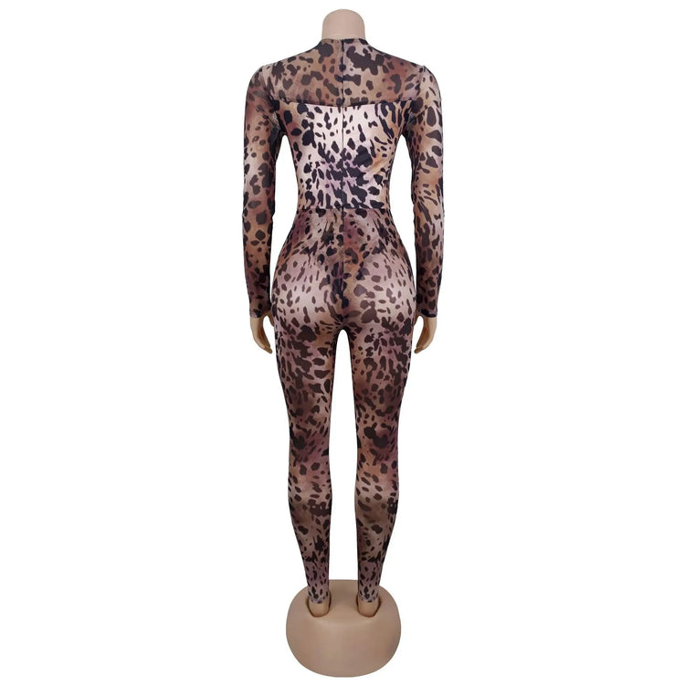 HBLL Sexy Leopard Print Bodycon Jumpsuits Women Long Sleeve Skinny One Piece Rompers Midnight Streetwear Sheer Mesh Overalls