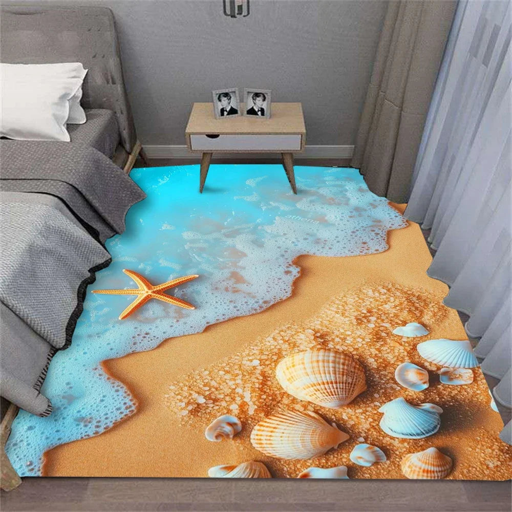Crystal Velvet Carpet Summer Waves Beach Shell Rug for Living Room Sofa Bedroom Kitchen Hallway Decor