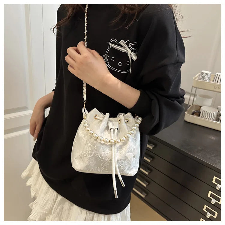 Sweet Butterfly Women Drawstring Bucket Shoulder Bags Versatile Ladies Crossbody Bag Clutch Fashion Girls Pearl Chain Handbags