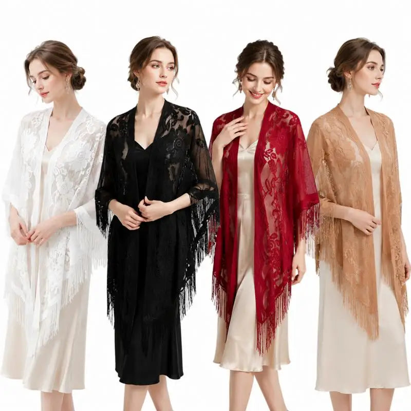 Floral Lace Shawl Wrap Women Embroidery Scarf With Fringe Sheer Kimono Poncho Capelet Summer Beach Cover Up Evening Party Shawls
