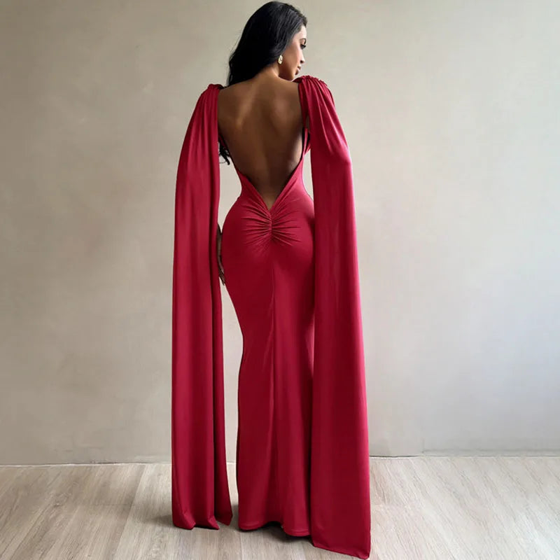 Doyerl Solid Backless Evening Dresses for Women Elegant Celebrity Night Club Fly Sleeve Ruched Party Prom Bodycon Maxi Dress