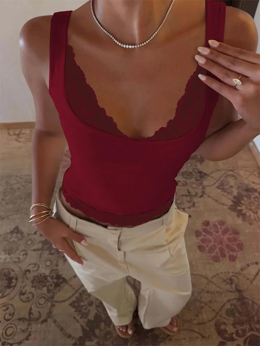 Dulzura Square Collar Backless Slim Lace Ruffles Patchwork Tank Top Women'S Fashion Sexy Y2K Top Party Vacation Summer Clothes