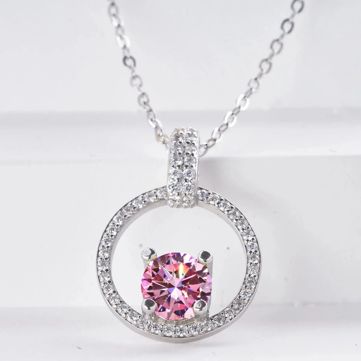 Pink Color Moissanite Pendant Necklace 1 Carat 6.5mm Real Gra Lab Diamond Pendant Necklace 925 Sterling Silver Luxury Jewelry