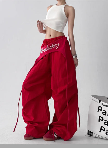 Women Y2K Wide Leg Cargo Pants 2026 Spring Cross-layer Straps Casual Hip Hop Dance Streetwear Trousers Baggy Vintage Fashion