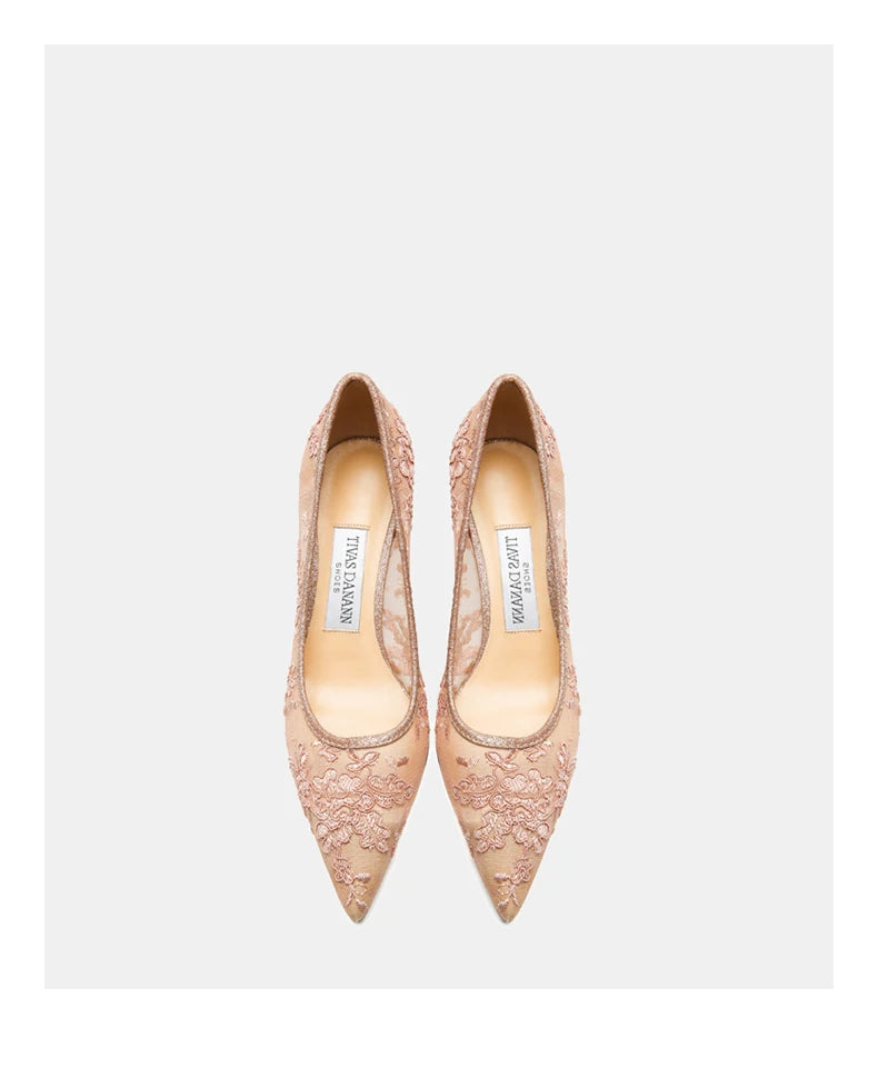 Women heels 2025 pink mesh lace Women's elegant high heels Luxury Brand Shallow Pointed Toe Sexy Pumps Ladies Prom Shoes Women