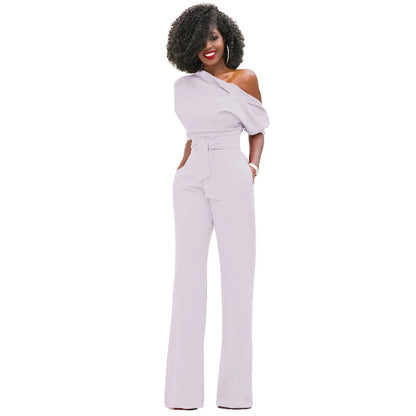 2024 Summer New Fashion Women's Jumpsuit Solid Color Slanted Shoulder Elegant Temperament Sleeveless Long Wide Leg Jumpsuit