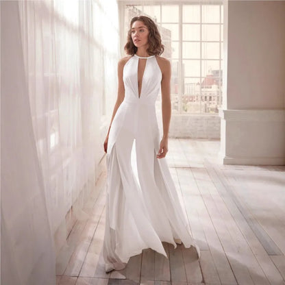 White/Black Halter Neck Backless Jumpsuits For Women Elegant Lace Trim Wide Leg Jumpsuit Wedding Bridesmaid Evening Party Prom