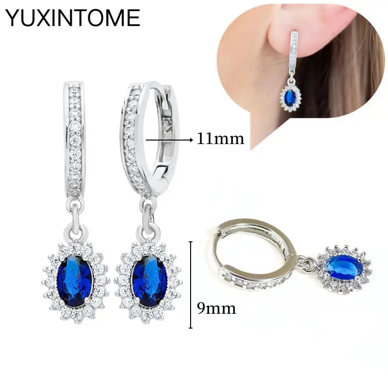 925 Sterling Silver Needle Dark Blue Crystal Silver Earrings Women's Exquisite Heart Blue Pendant Hoop Earrings Luxury Jewelry