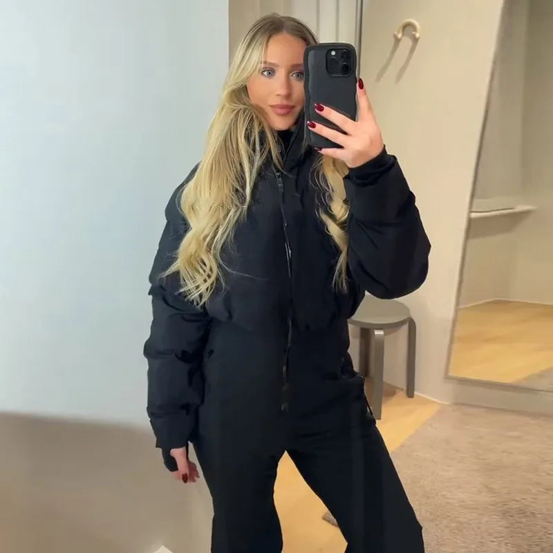 Chic Hooded One Piece Women's Winter Ski Suits Belt Stand Collar High Waist Pockets Overall Jumpsuits 2026 New Lady Warm Skiwear
