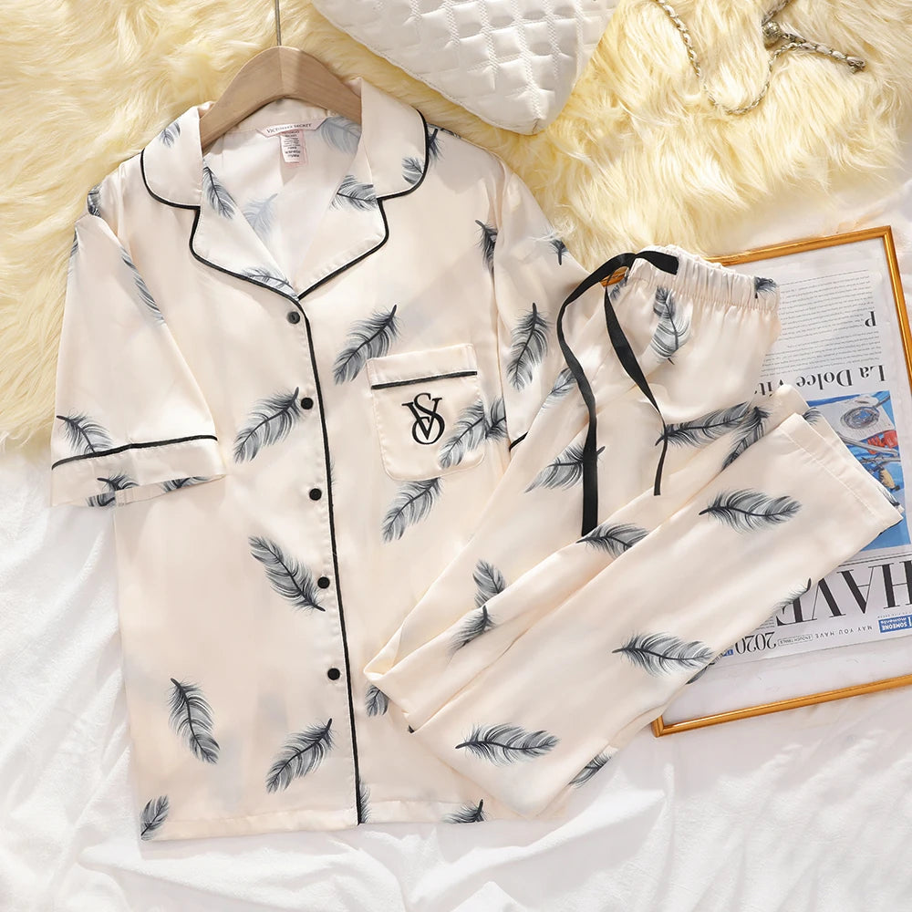 Victoria's Secret Suit Womens Silk Satin Pajamas Set Short Sleeve Shorts Sleepwear Loungewear Soft Breathable Button Down Pyjama