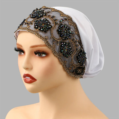 Luxury Embroidery Lace Turban Cap Muslim Women Floral Rhinestone Modal Head Cover Hat Islamic Headwear Bonnet Female Head Wraps