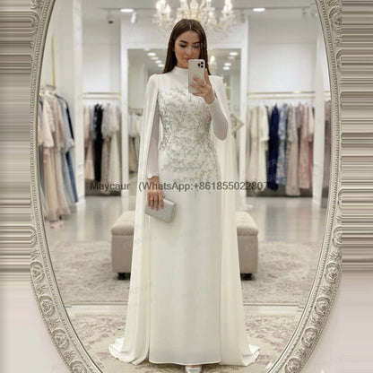 Luxury Wedding Dresses Woman Mermaid Bride Gowns Sexy Long Sleeve Formal Appliques Shawl High Neck Customized Vestidos De Novia