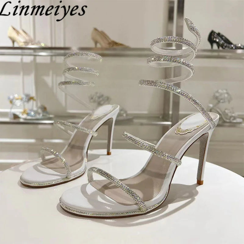 Summer Crystal Gladiator Sandals Women Rhinestone Twine Around Ankle Snake Wedding Shoes High Heels Sandals Woman