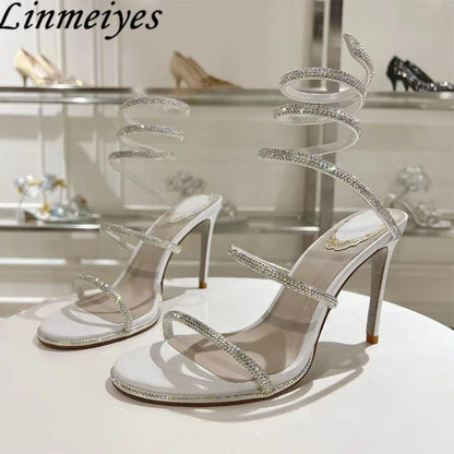Summer Crystal Gladiator Sandals Women Rhinestone Twine Around Ankle Snake Wedding Shoes High Heels Sandals Woman
