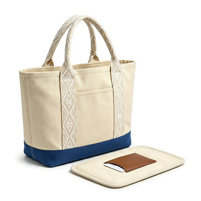 Women 16oz Heavy Duty Canvas Tote Bag Jacquard Handle Card Slot TSA Security Work Student Beach Travel Shoulder Gift Handbag