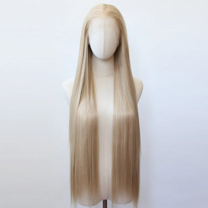 Flaxen Brown Synthetic Lace Front Wig 40inch Long Straight Flax Golden Lace Front Synthetic Wig Pre Plucked Natural Hairline