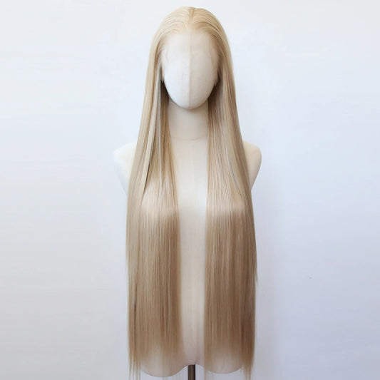 Flaxen Brown Synthetic Lace Front Wig 40inch Long Straight Flax Golden Lace Front Synthetic Wig Pre Plucked Natural Hairline