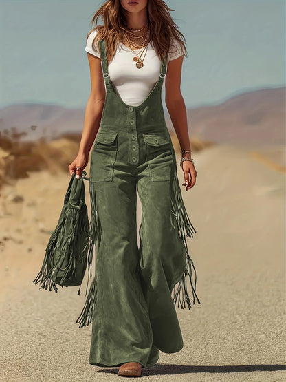 Western Vintage Solid Suede Tassel Female Jumpsuit Fashion Hollow Out Button Overalls 2026 Spring Strappy Bodysuit Woman Rompers
