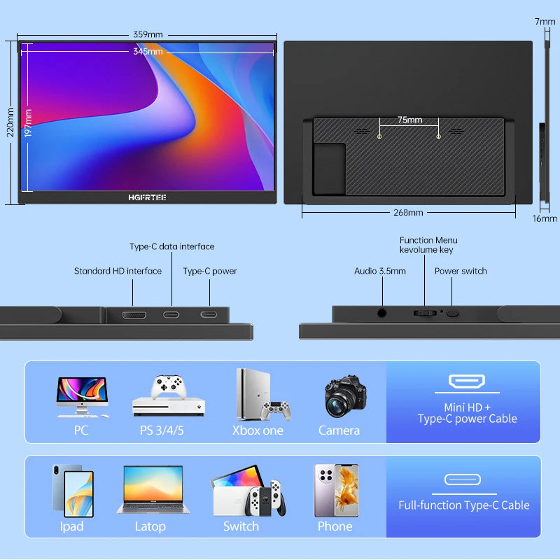 HGFRTEE 15.6 Inch Portable Monitor, FHD-IPS Laptop External Second Screen, Gaming Extended Display with Type-C HDMI