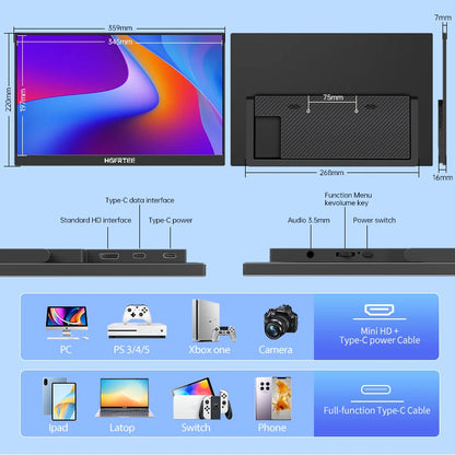 HGFRTEE 15.6 Inch Portable Monitor, FHD-IPS Laptop External Second Screen, Gaming Extended Display with Type-C HDMI