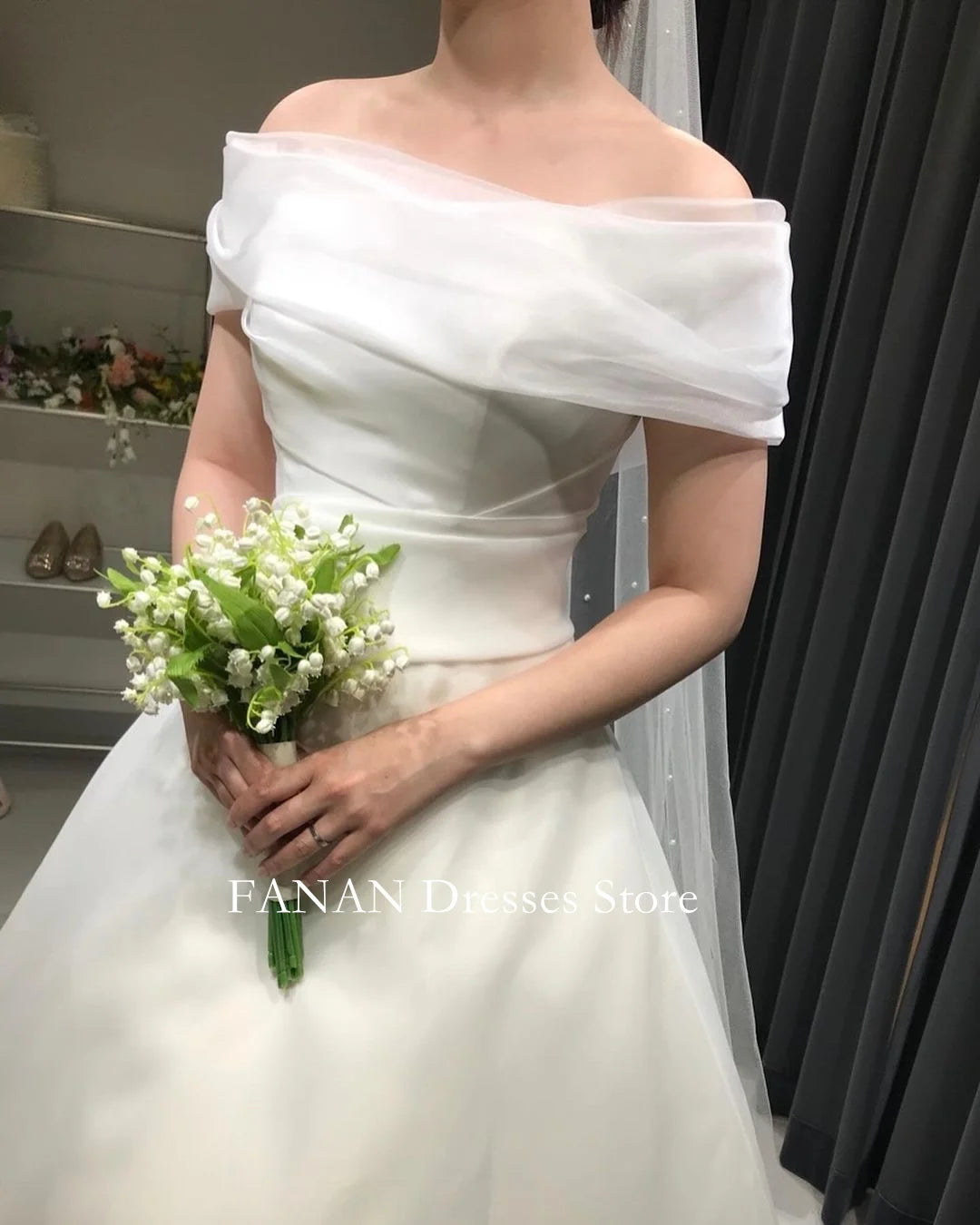 FANAN Korea Ivory Short Sleeves Elegant Organza Wedding Dresses 웨딩드레스  A-Line Off the Shoulder Customized  Bride Gowns Plus Size