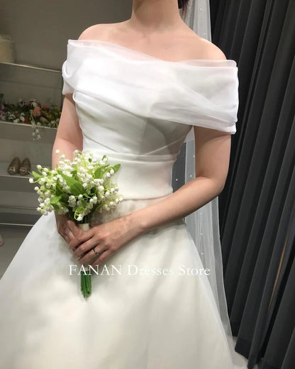 FANAN Korea Ivory Short Sleeves Elegant Organza Wedding Dresses 웨딩드레스  A-Line Off the Shoulder Customized  Bride Gowns Plus Size