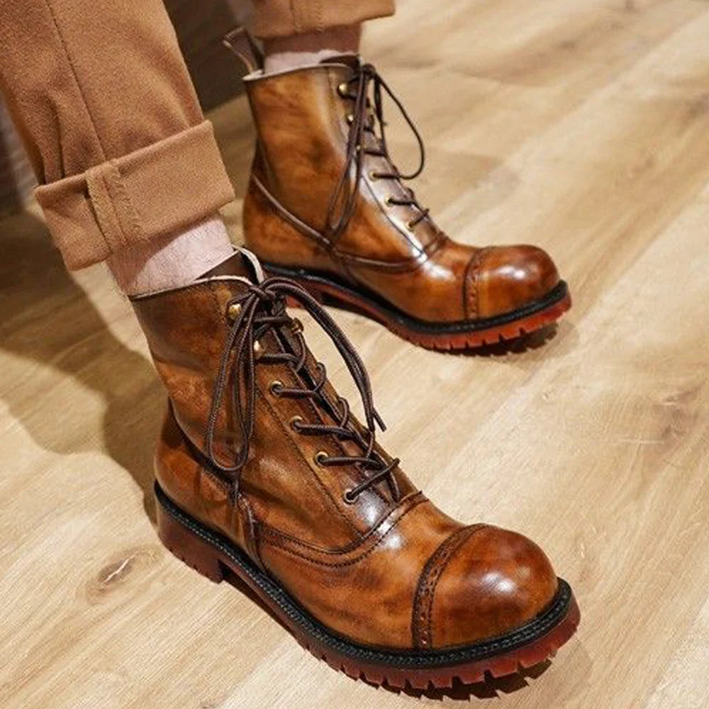 Fashion Cow Genuine Leather Motorcycle Boots Brogue Shoes Retro High Big Head Men's Mid-calf Chelsea Boots For Men Brown