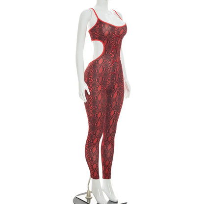 FLARORA Sexy Serpentine Print Jumpsuits Woman Hipster Sling Hollow Backless Skinny Jumpsuit Hottie Party Club Street Overalls