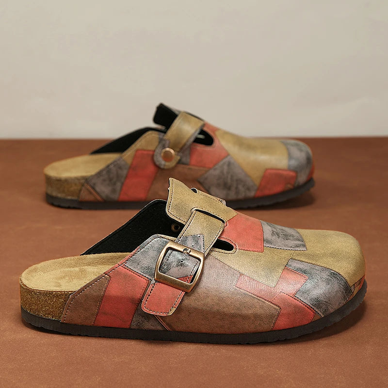 Unisex Cork Closed Toe Slippers Slip-on Clogs Slides Fashion Leather Sandals with Adjustable Buckle Backless Comfort Footbed
