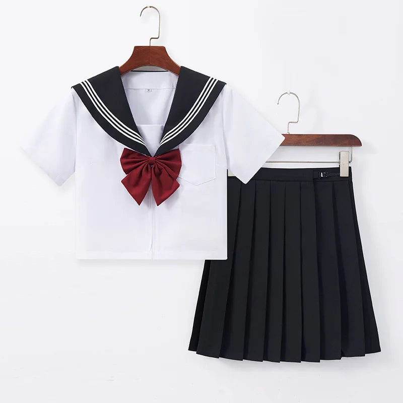Japanese School Uniform Cute Girl Jk Suit Black Collar White Three-piece Suit Campus Sailor Suit Bow Long-sleeved Suit Uniform