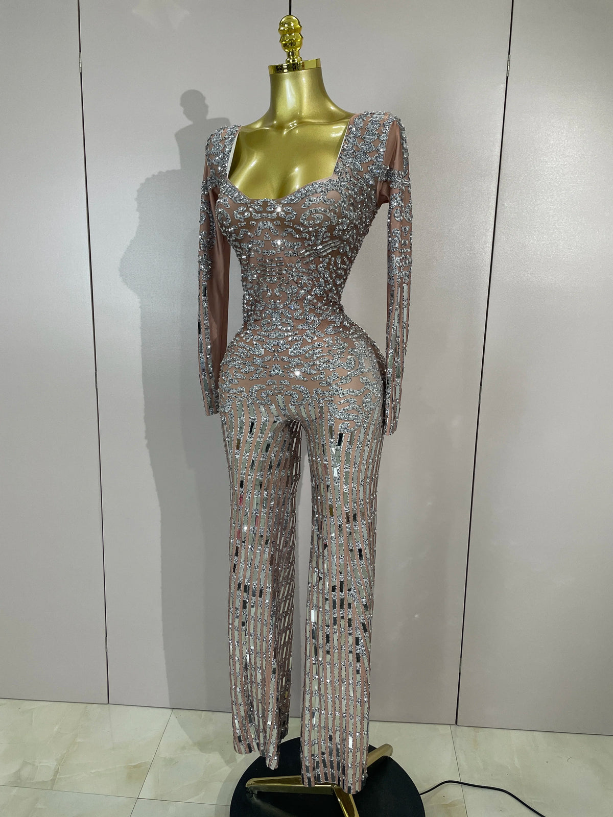 Sparkly Black Rhinestones Sequined Fringe Jumpsuit Women Sexy Nightclub Party Birthday Outfit Show Singer Stage Perform Costume