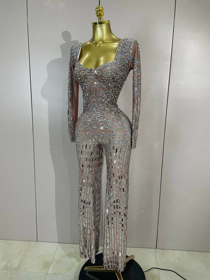 Sparkly Black Rhinestones Sequined Fringe Jumpsuit Women Sexy Nightclub Party Birthday Outfit Show Singer Stage Perform Costume