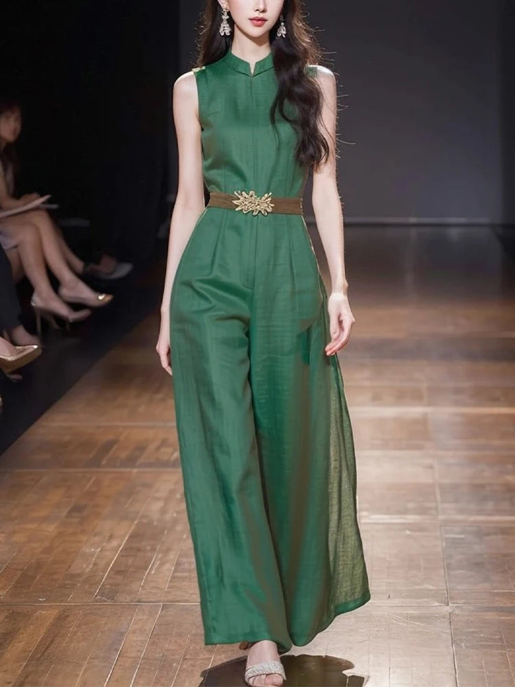 Elegant Women's O-Neck Office Ladies Romper Jumpsuit 2026 New Summer Green Sleeveless Tank High Waist Belt Wide Leg Jumpsuits