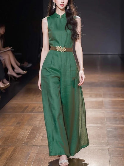 Elegant Women's O-Neck Office Ladies Romper Jumpsuit 2026 New Summer Green Sleeveless Tank High Waist Belt Wide Leg Jumpsuits
